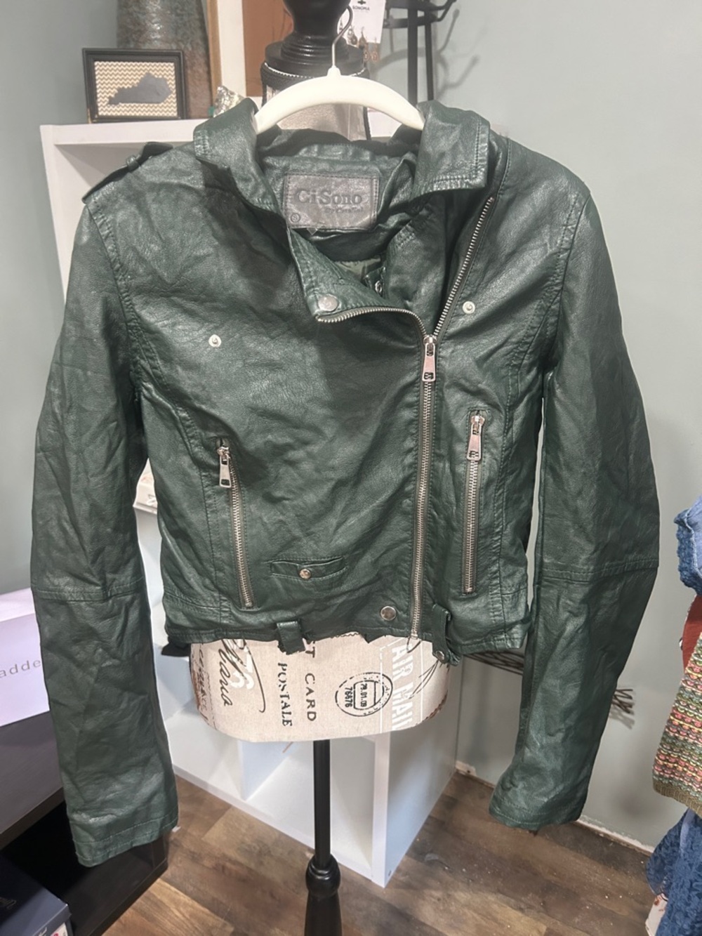 Ci Sono Forest Green Faux Leather Moto Jacket with Silver Hardware